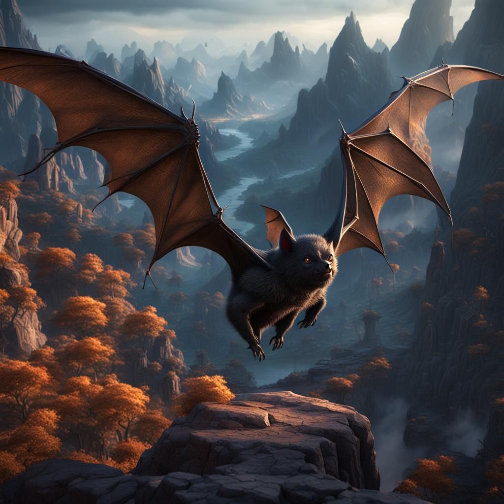 Majestic Bat Bearing Mountainscape: Detailed Matte Painting