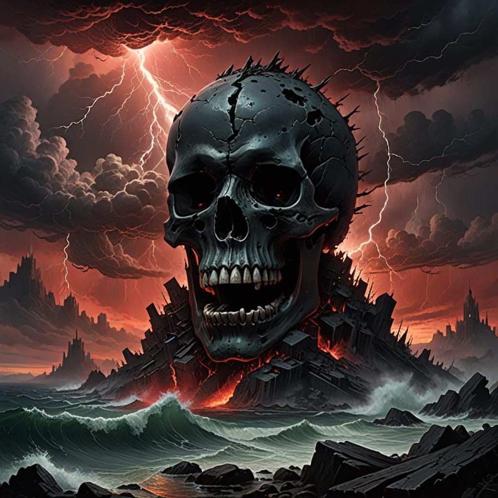 Monstrous Skull Island in Crimson Storm Sky