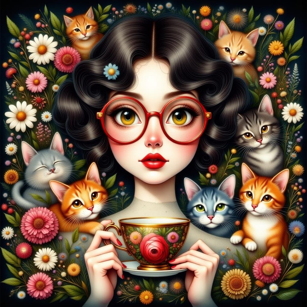 Woman with Curly Hair and Cats, Folk Art Style