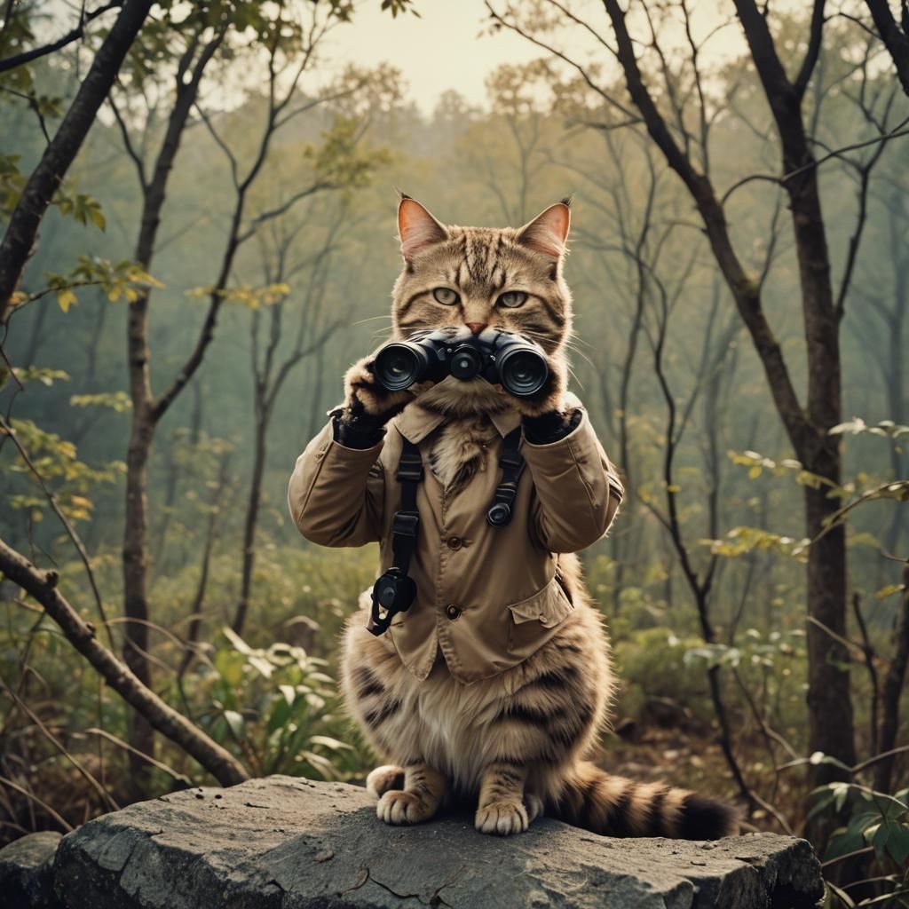 Anthropomorphic Cat Bird-Watching: Cinematic Film Still