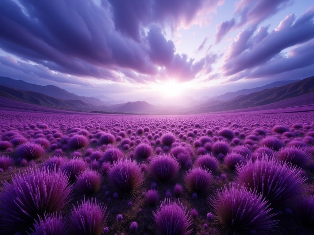 Vibrant Purple Heather Field Under Dramatic Sky