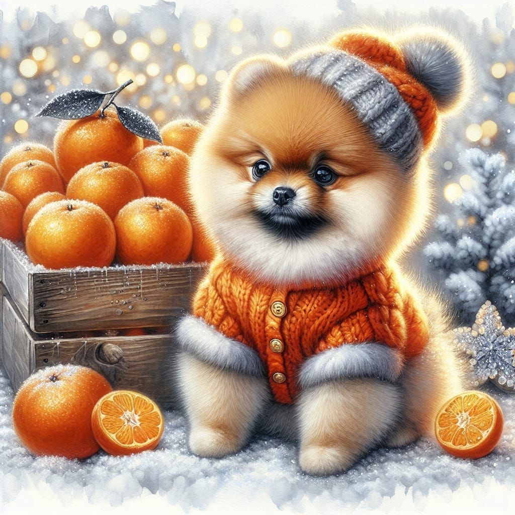 Vibrant English Watercolor Masterpiece: Pomeranian in Winter...