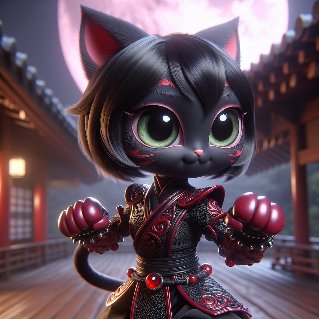Cat-like Woman Training Under Blood Moon, 3D Render