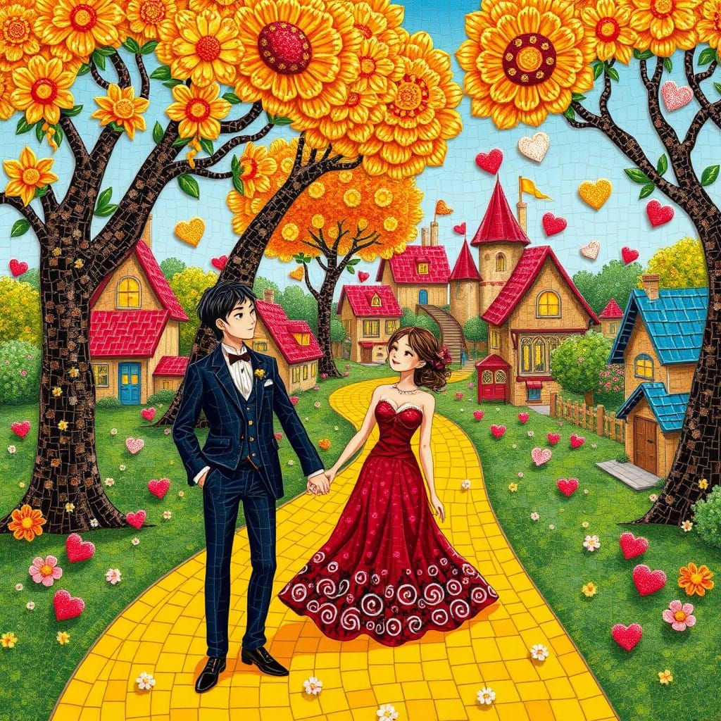 Romantic Whimsy in Vibrant Mosaic Style