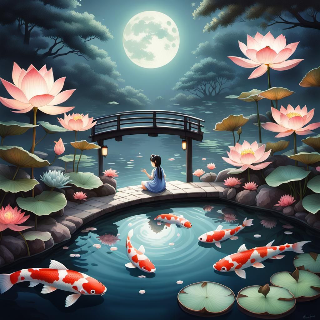 Moonlit Pond: Surreal Anime Koi Garden