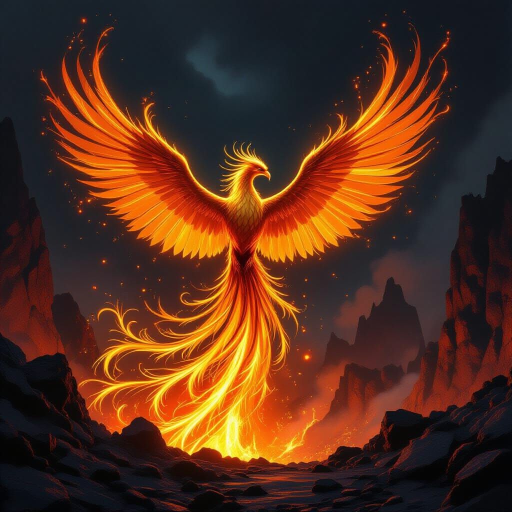 Golden Phoenix Rises From Volcanic Caldera