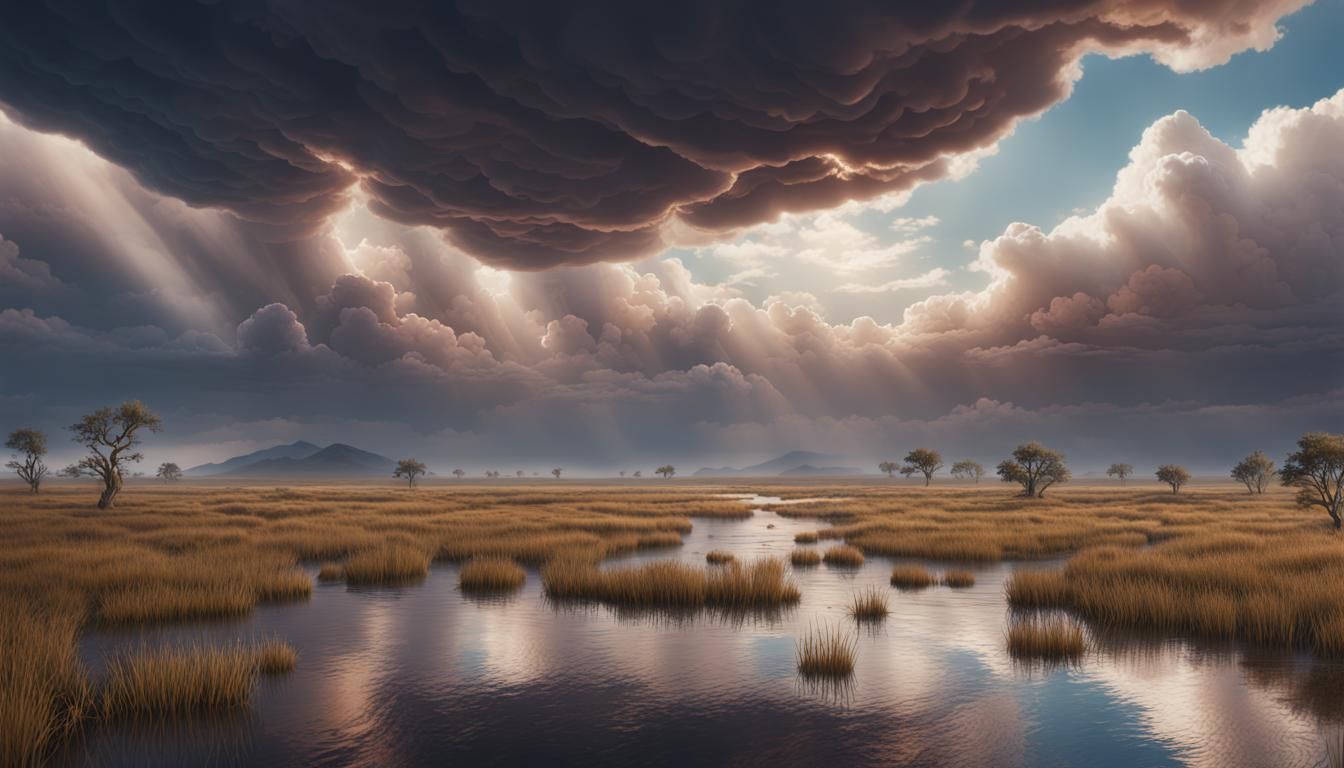 Fantastical Wetlands Plains Under Stormy Horizon