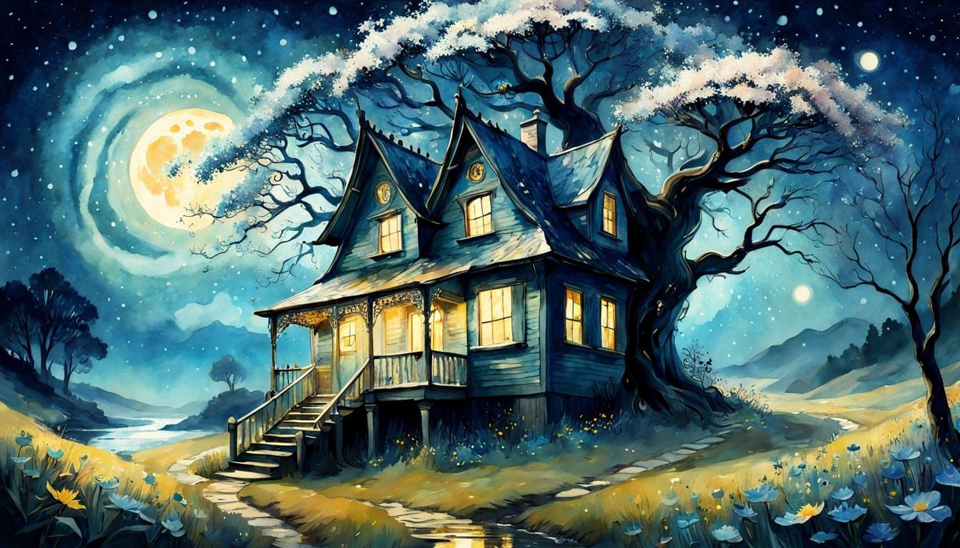 Whimsical Victorian Cottage in a Surreal Landscape