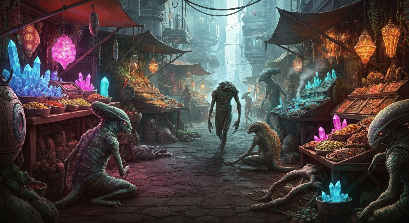 Alien Marketplace with Glowing Crystals in Matte Painting St...