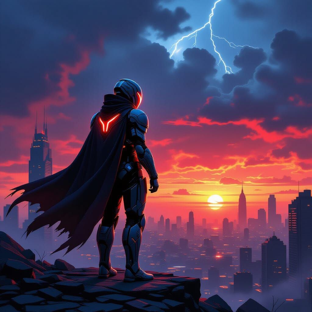 Hero in Shattered City: Futuristic Cinematic Art
