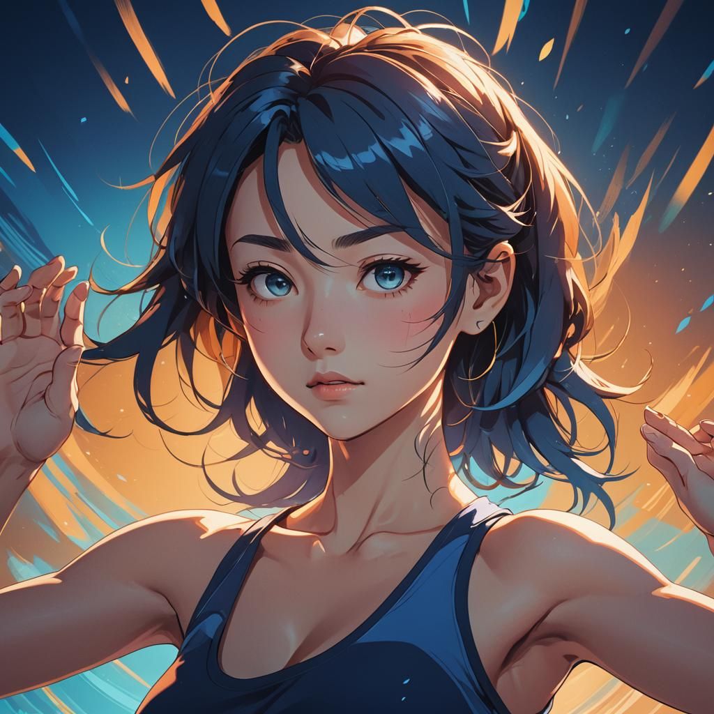 Vibrant Anime Woman Yoga in Cinematic Lighting