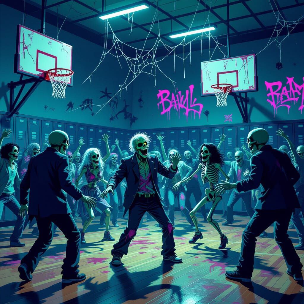 Undead Prom Night: Zombies and Ghosts Dance in Neon Gym