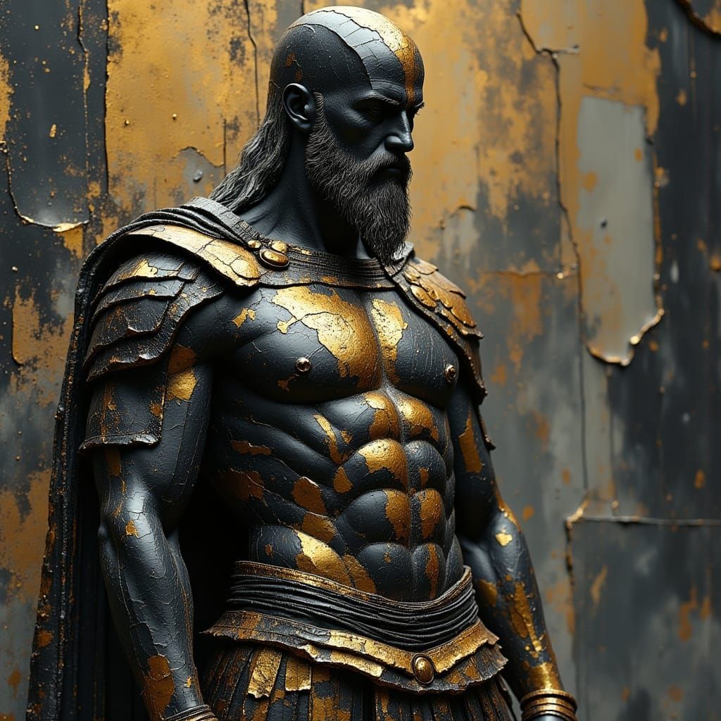 Obsidian Gladiator Statue with Gold Kintsugi Details