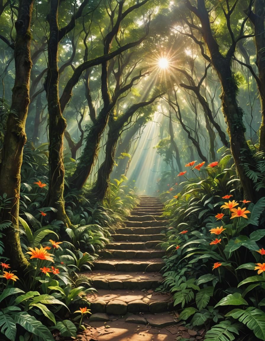 Sunlit Forest Path Through Dense Jungle