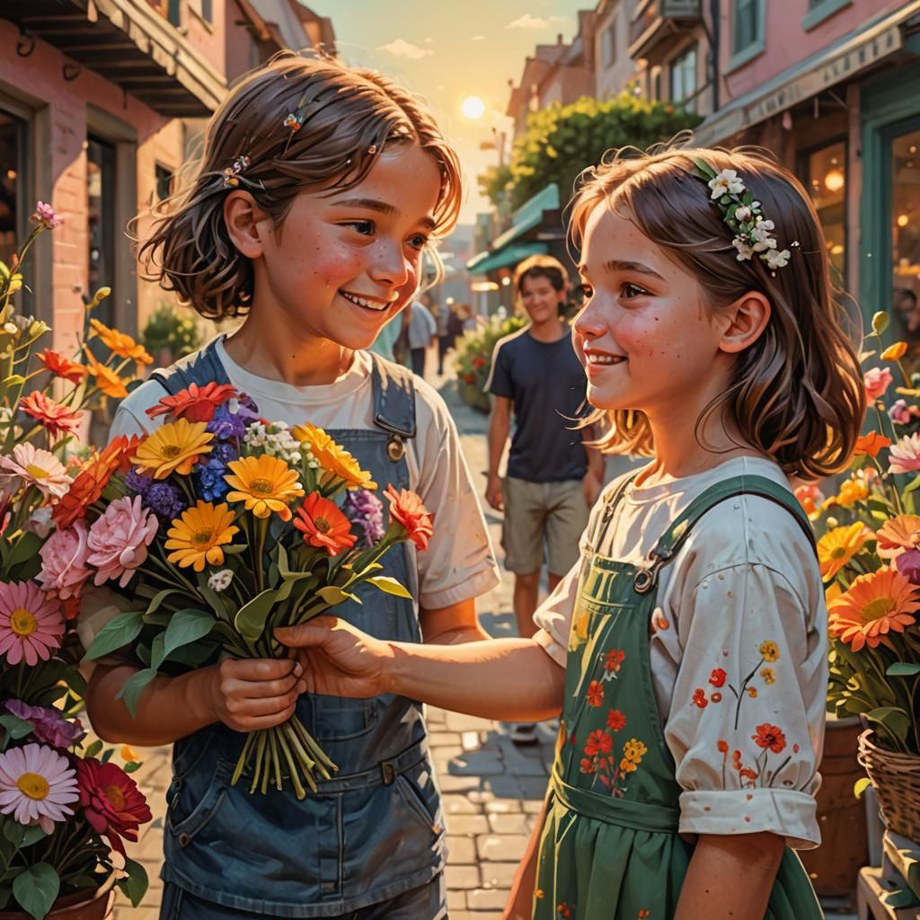 Boy Offers Flowers to Girl: Hyperrealistic Art