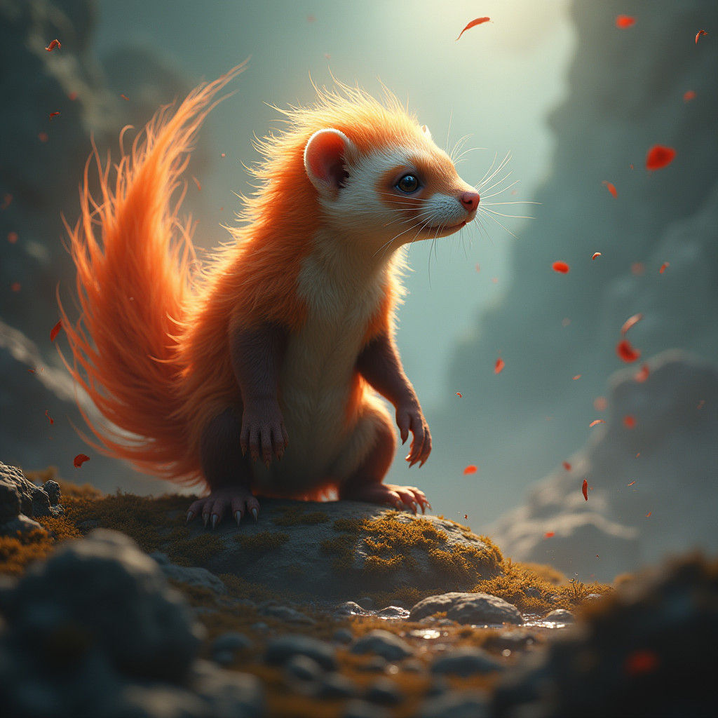 Fiery Anthropomorphic Ferret in Dreamlike Landscape