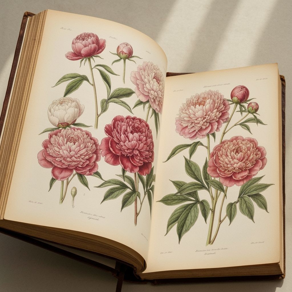 Exquisite Peony Botanical Illustrations in Antique Book