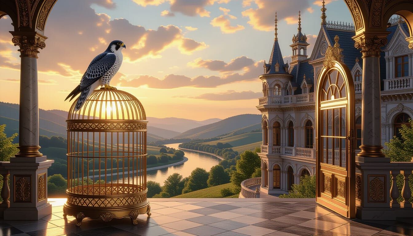Majestic Falcon Guards Gilded Birdcage at Sunset