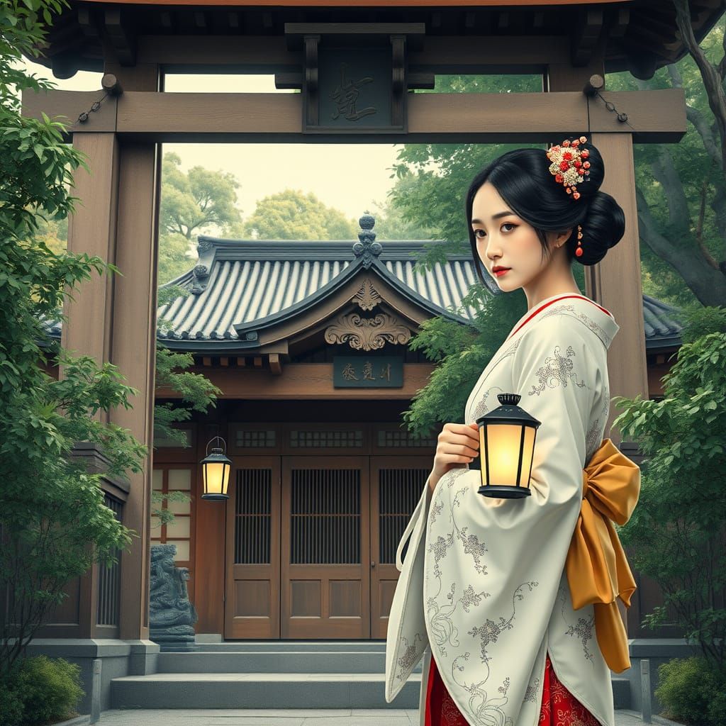 Japanese Woman at Gate in Hokusai Style