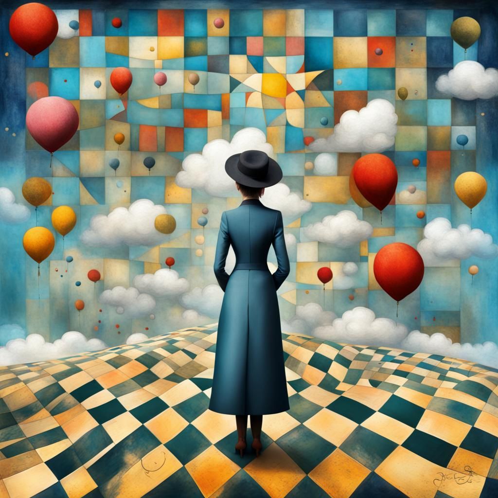 Whimsical Checkered Sky Illustration in Pop Surrealism Style
