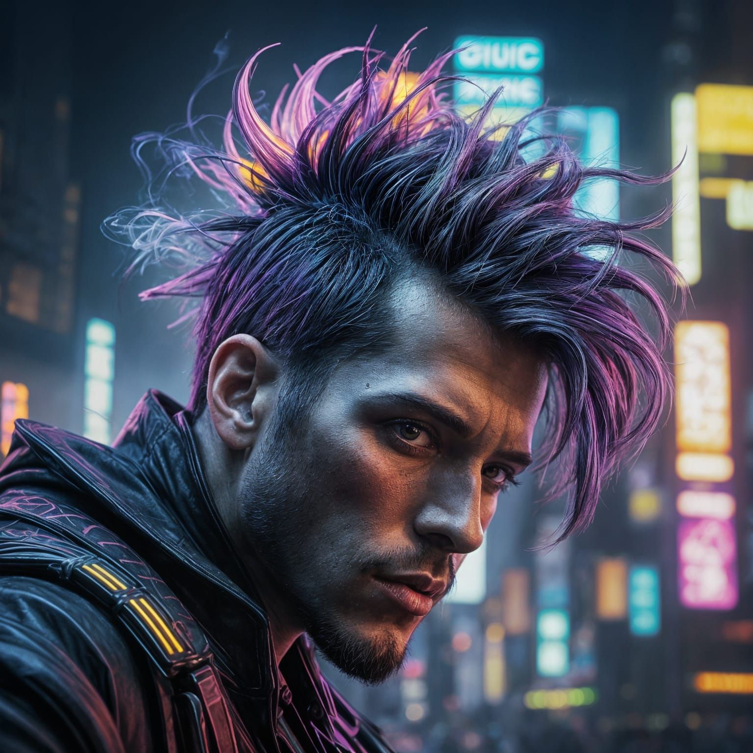 Retrofuturistic Man in Neon Cityscape, Acrylic Art