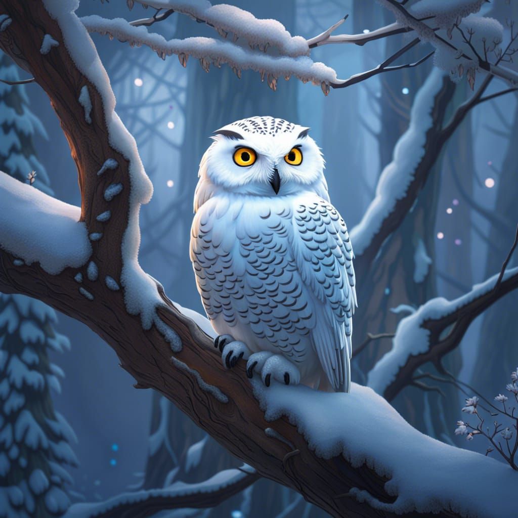 Adorable snowy owl perched on a tree branch, showcasing hype...