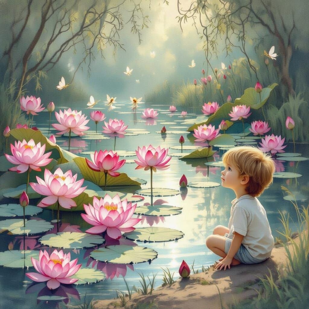 Fairies Play in Lotus Pond, Boy Watches in Awe