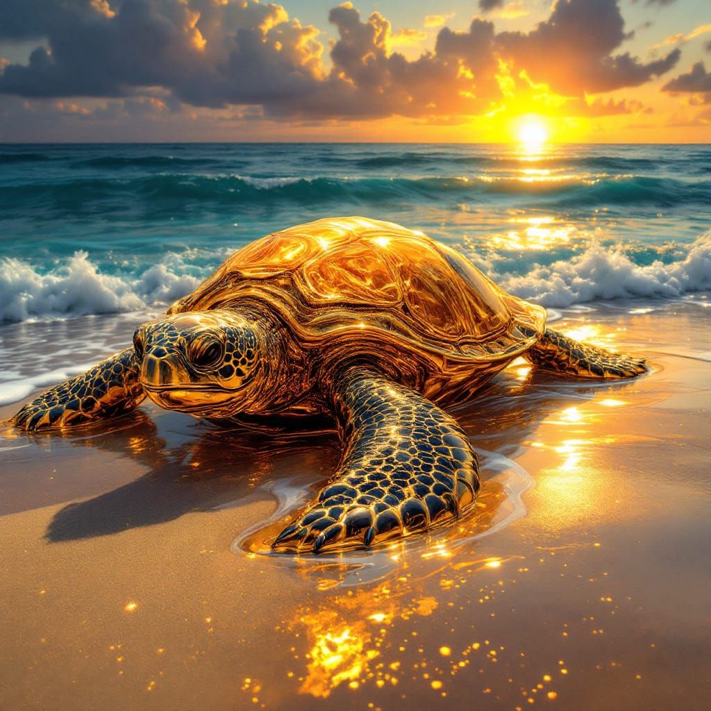 Liquid Gold Turtle Rests on Beach at Sunset