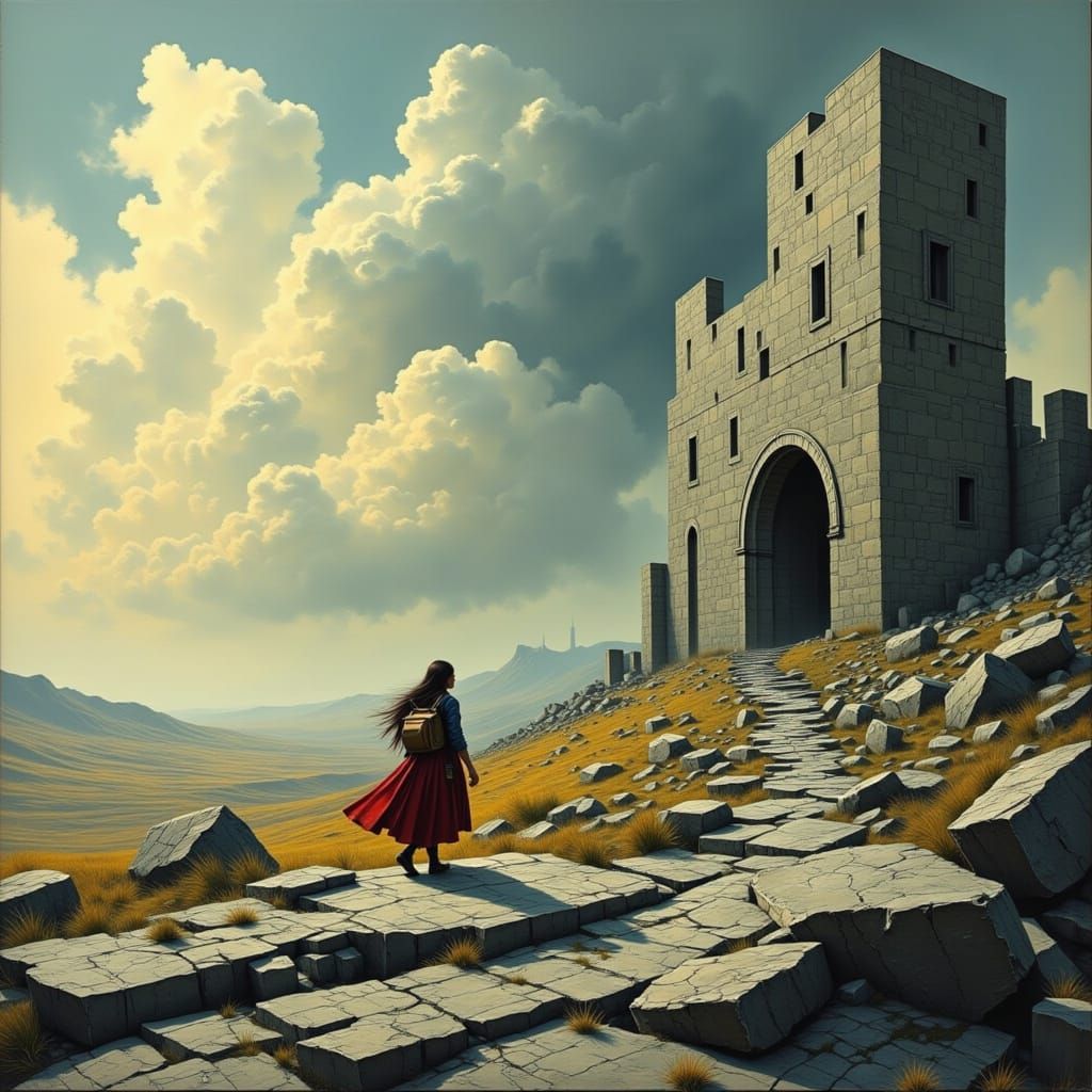 Latina Warrior Woman Flees Rocky Terrain