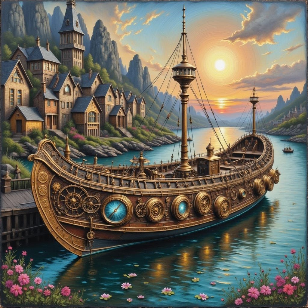 Elegant Steampunk Boat in Chalk Oil Painting