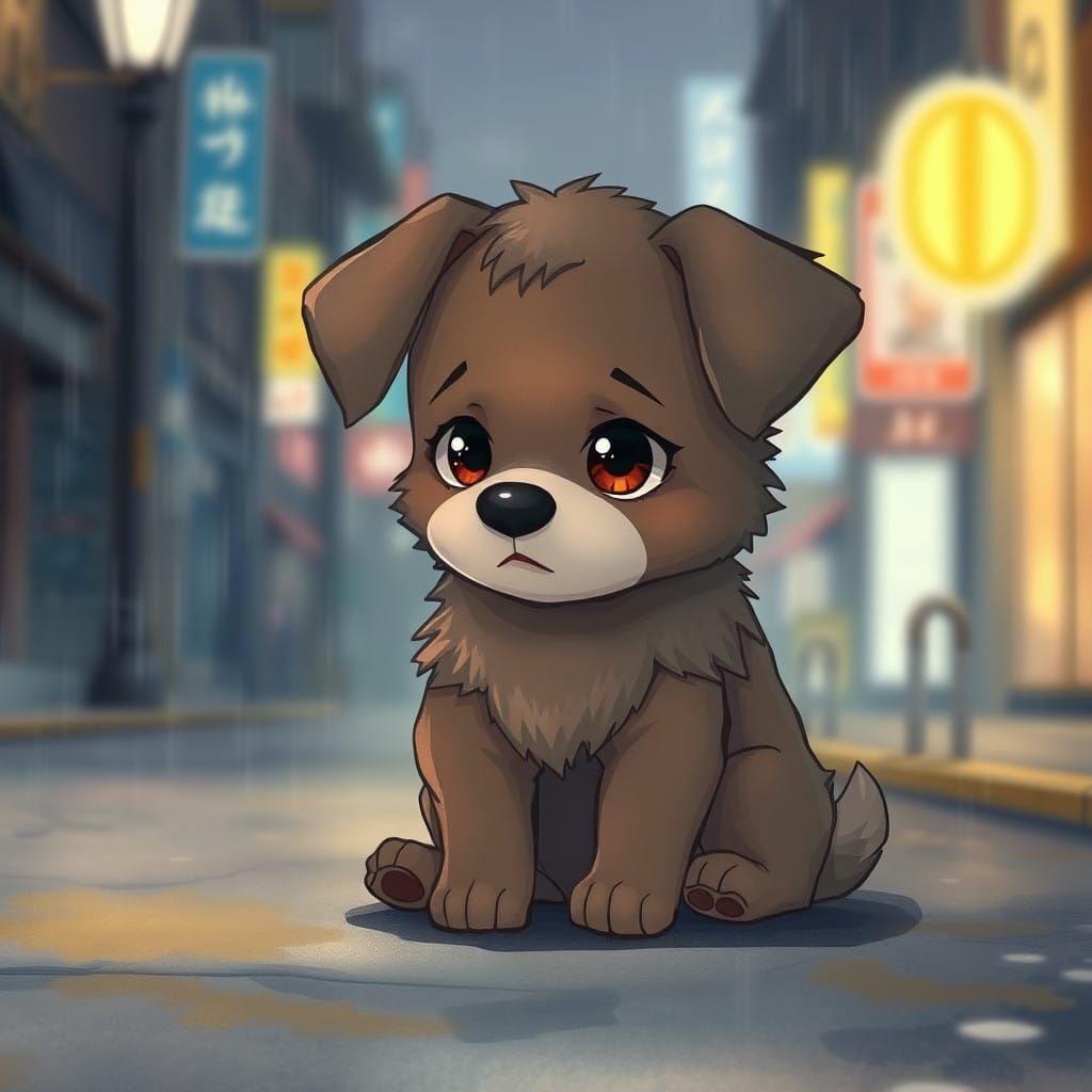 Sorrowful Puppy in Rainy Cityscape, in the Style of Makoto S...