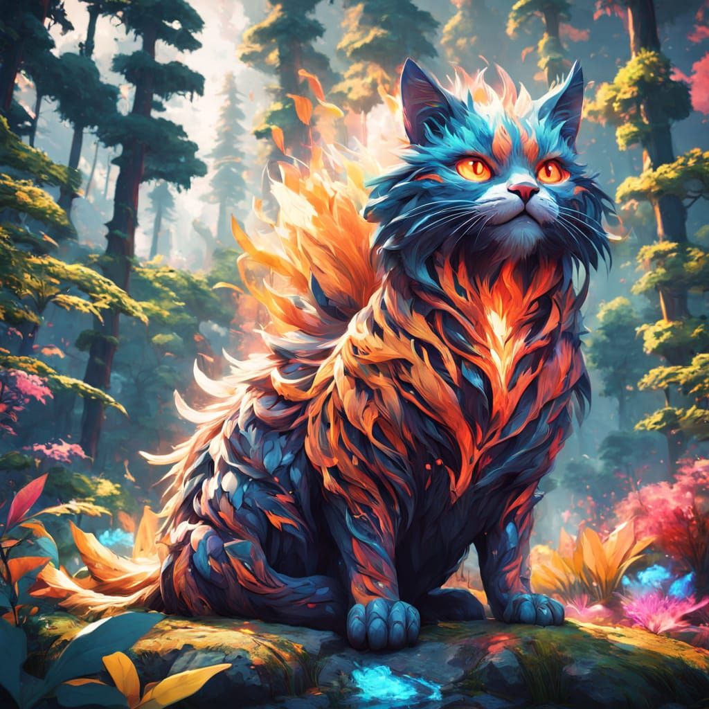 Vibrant Dreamcat Reigns Over Enchanted Forest
