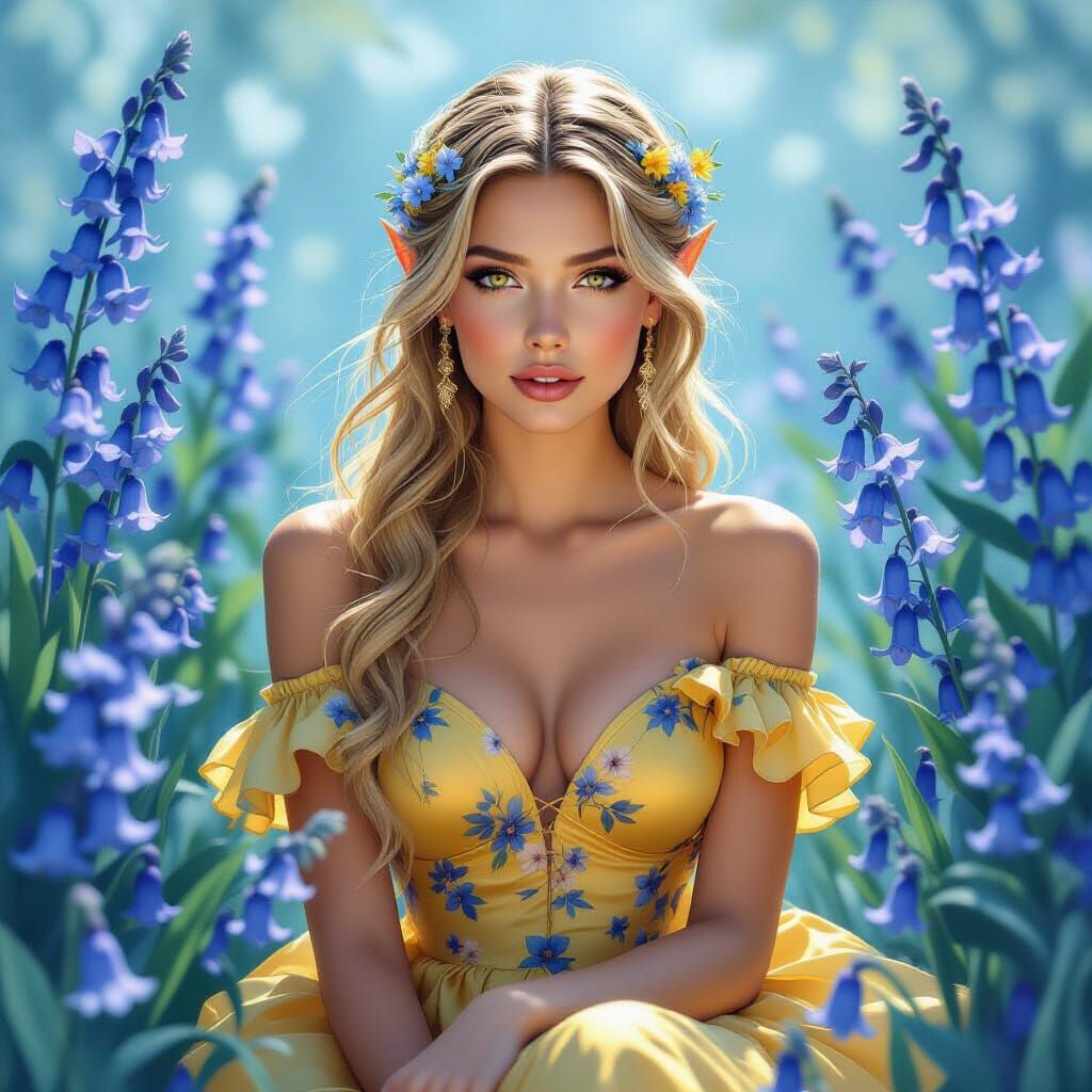 Elven Woman in Yellow Dress Amidst Blue Garden