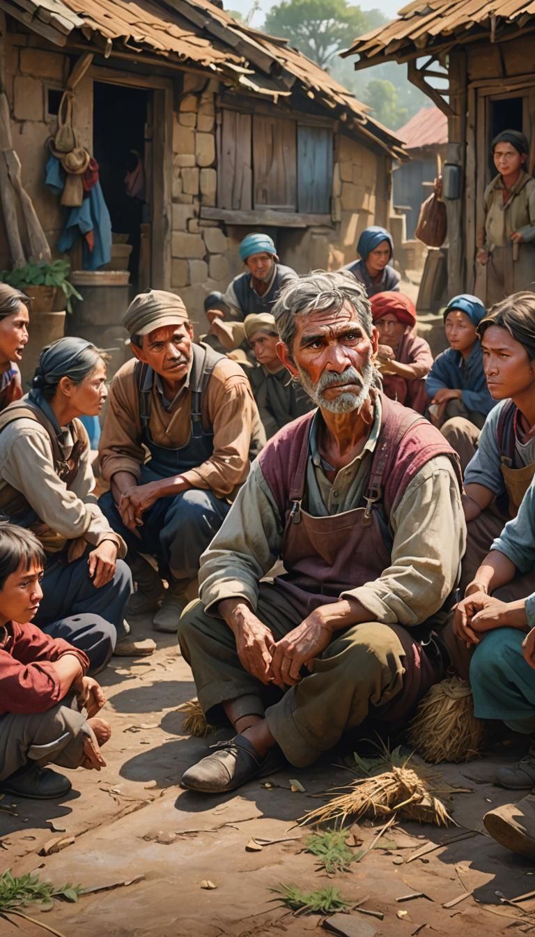 Angry Farmer at Village Meeting in Hyperrealistic Style