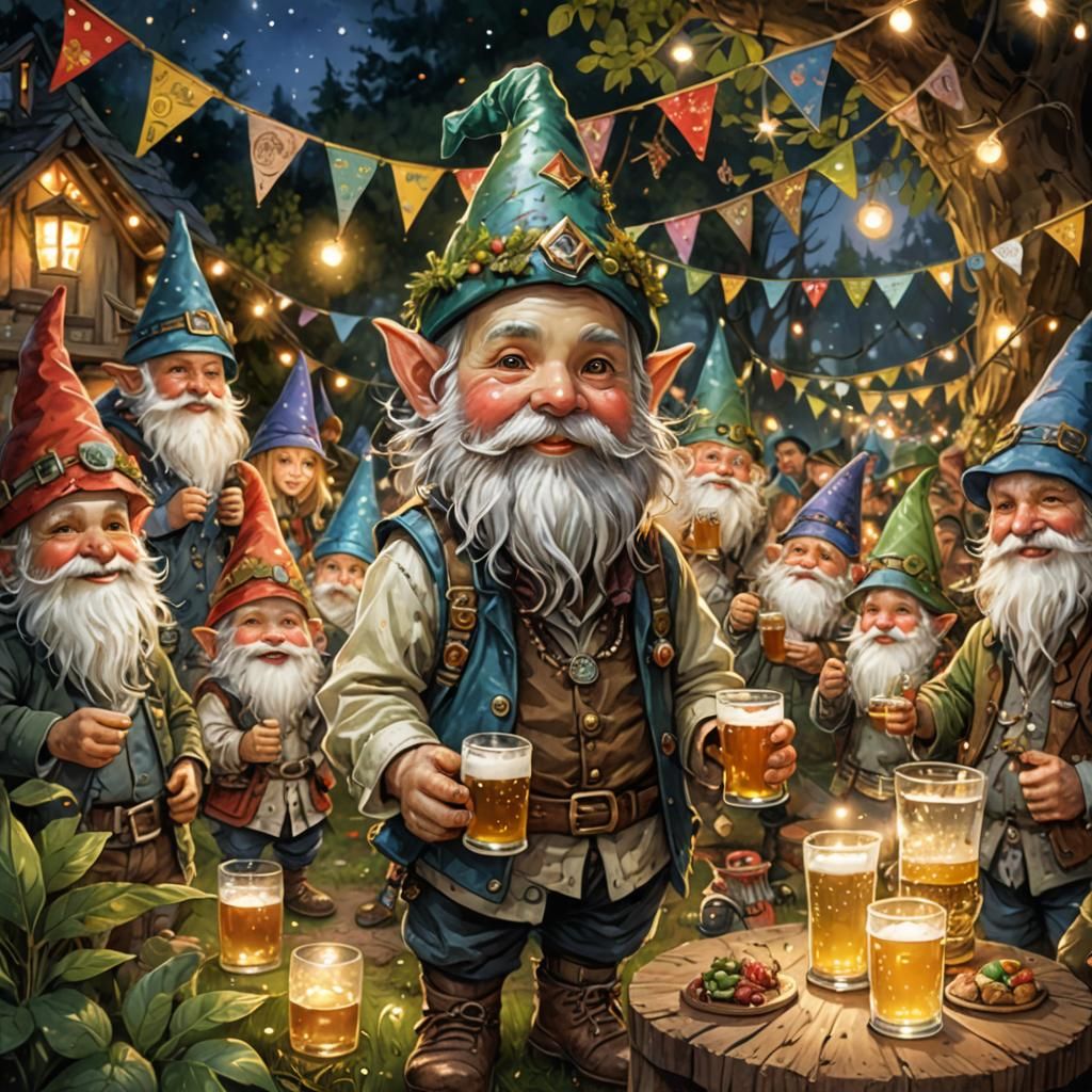 Chibi Gnome Garden Party in Digital Painting Style