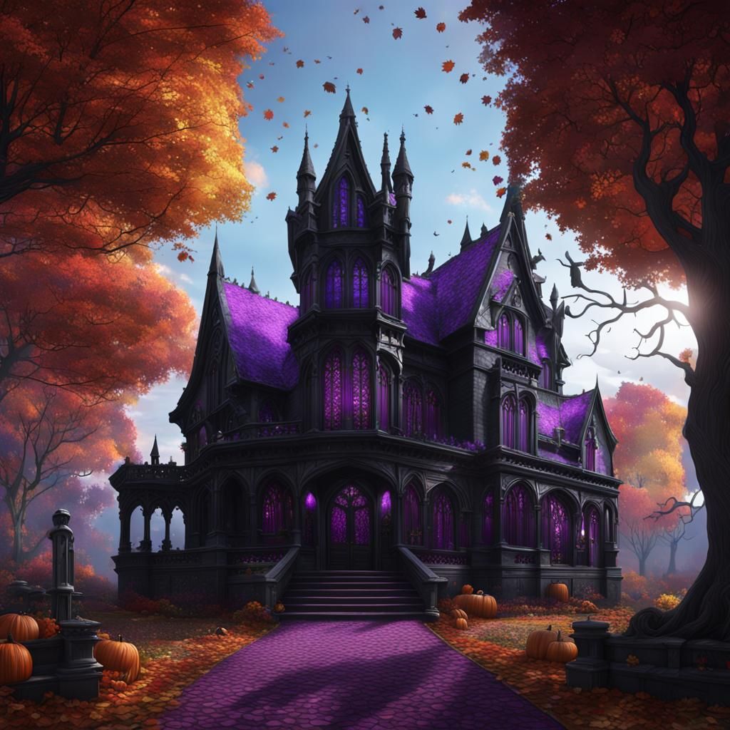 Gothic Mansion with Stained Glass in Autumn