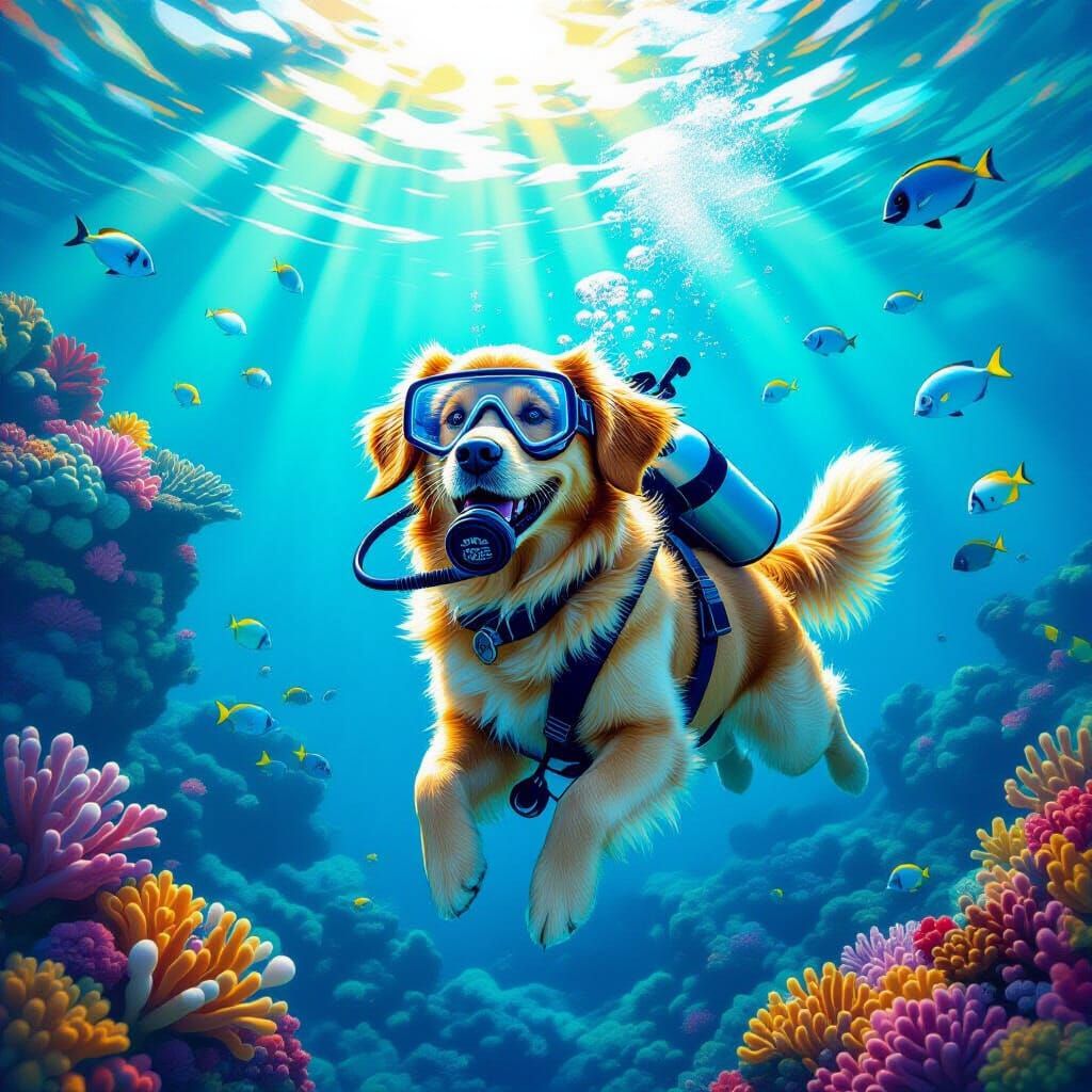 Golden Retriever Scuba Diving in Vibrant Great Barrier Reef