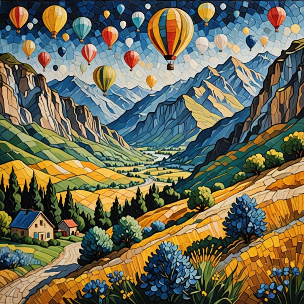 Impressionist Quilt Art: Balloon Ride Over Mountains