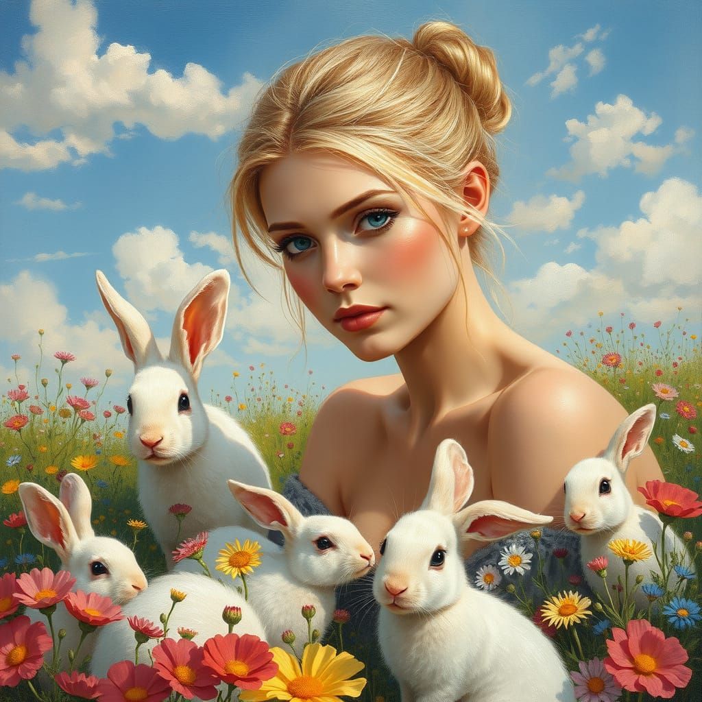 Beautiful Blonde Woman in a Field of Wildflowers with White ...