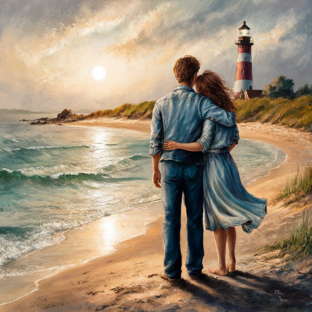 Romantic Sunset Beach Scene with Lighthouse