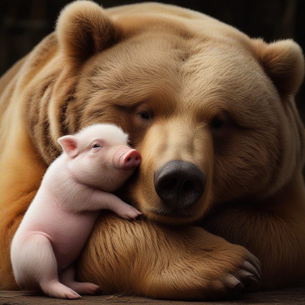 Pig Hugging Bear in Soft Lighting