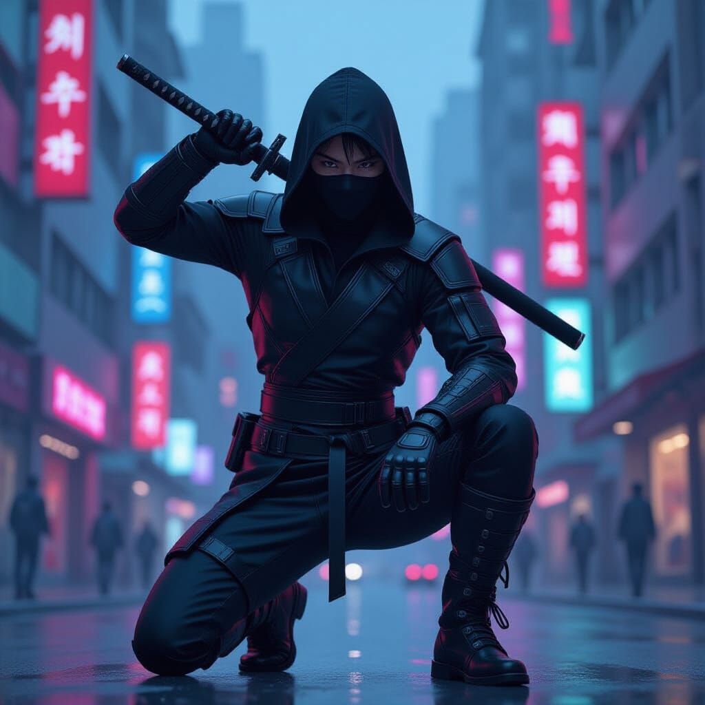 Futuristic Kpop Ninja Hero in Neon Cityscape