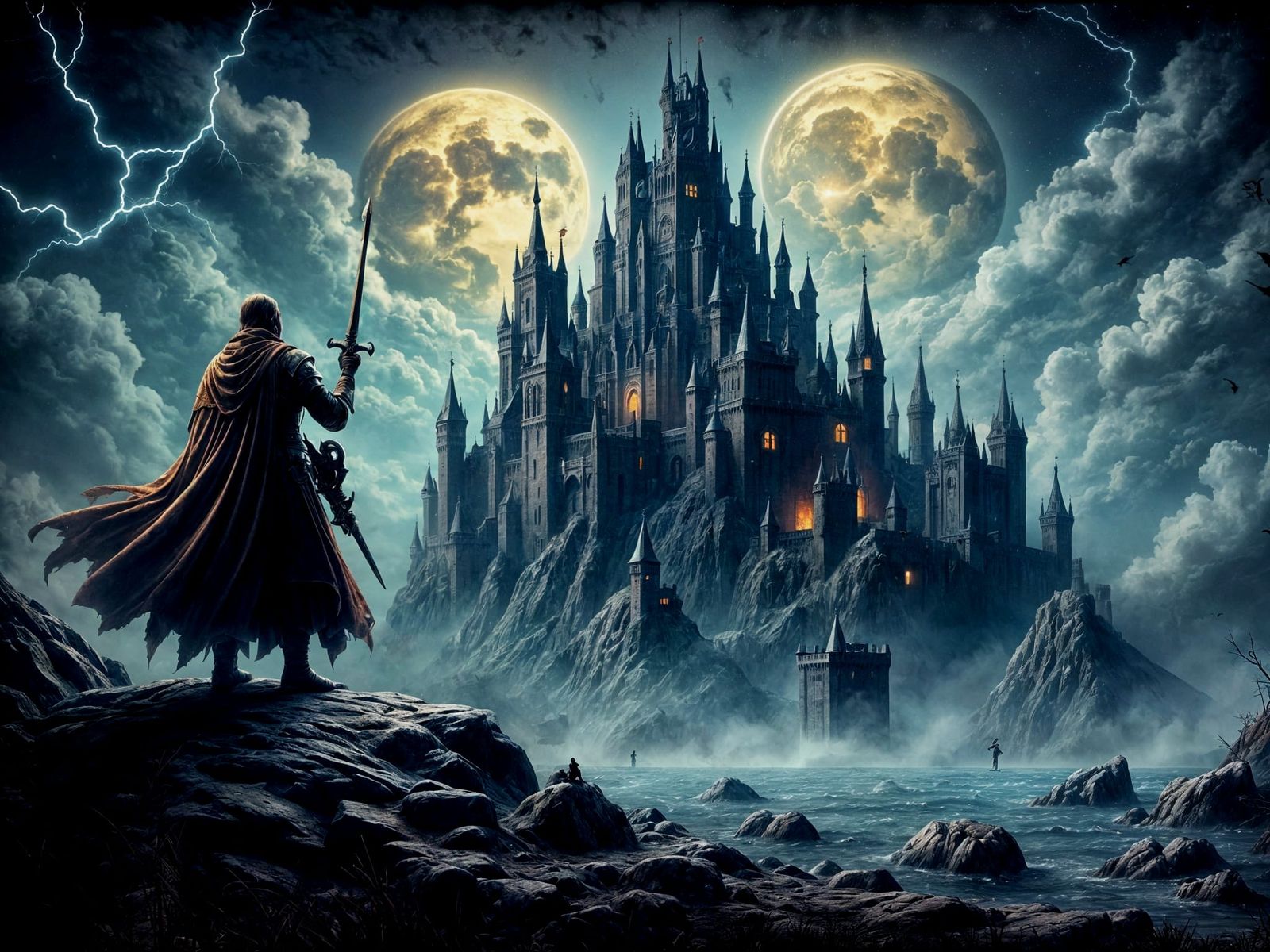 Brave Knight Defends Castle in Stormy Fantasy Art