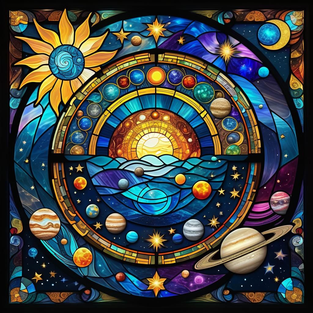 Stained Glass Solar System in Holographic Astral Illustratio...