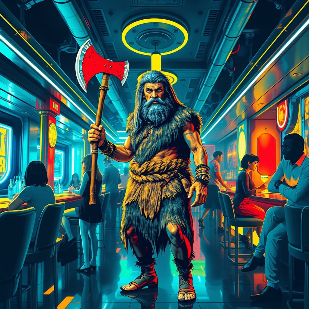 Caveman in Futuristic Bar: Pop Art Screen Print