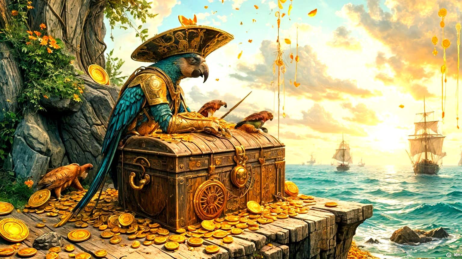 Pirate Parrot Guarding Treasure Chest on Tropical Beach