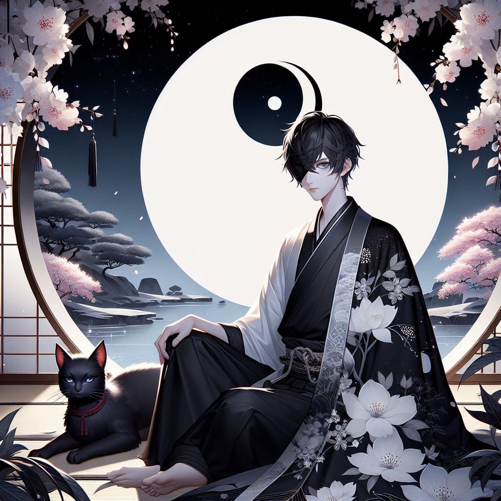 White Circle on a black background, yin/yang, cherry blossoms, black cat, handsome man with black hair wearing a black m...