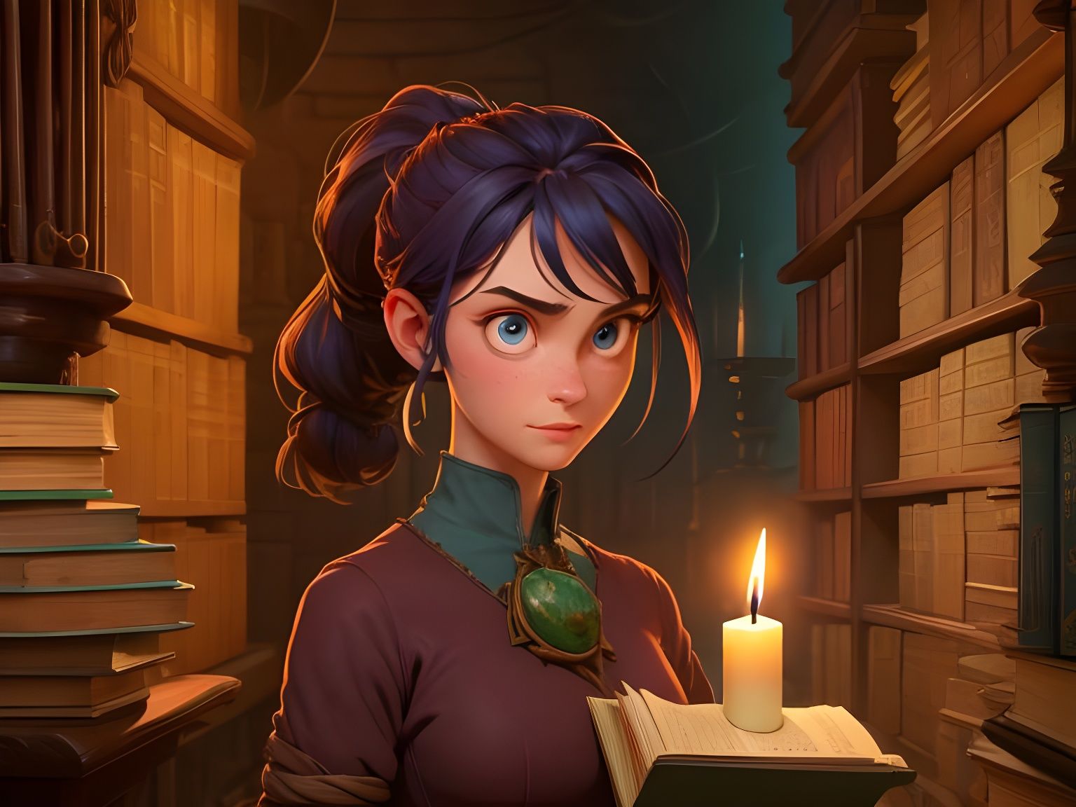 Girl in Lovecraftian Library Portrait Illustration