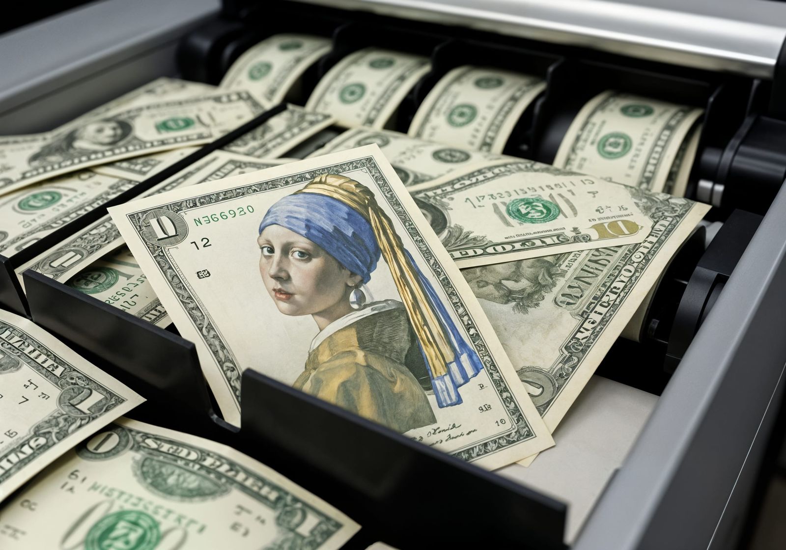 Girl with a Pearl Earring on Dollar Bill with Money Sorting ...