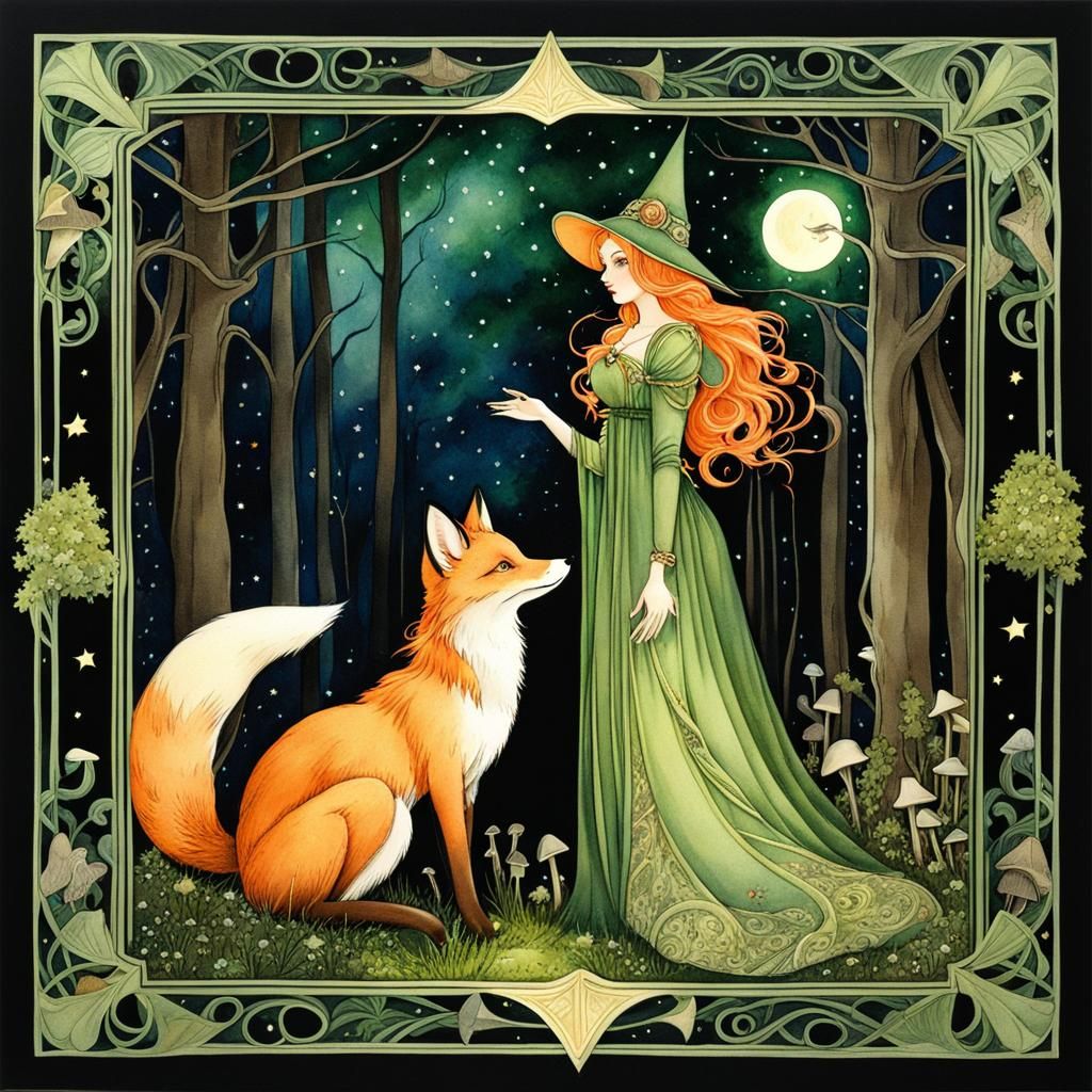 Enchanted Witch and Fox in Art Nouveau Style